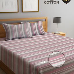 KLOTTHE Pink & Grey Striped 400 TC Pure Cotton Double Bed Cover With 2 Pillow Covers-image-43