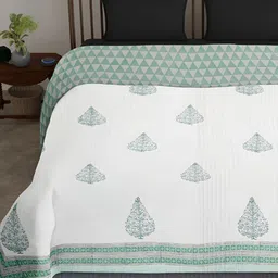 Peepul Tree White & Green Floral Printed King Cotton 300 TC Reversible Bed Cover-20