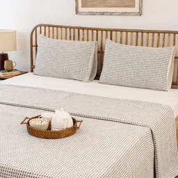 House This Blue Woven Design Cotton 120 TC Double Queen Bed Cover With 2 Pillow Covers-image-99