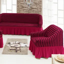 MULTITEX Maroon & Black Striped Polyester 3 Piece Sofa Cover-picture-1