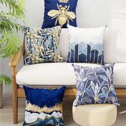 BIANCA Navy Blue & White Set of 5 Abstract Reversible Printed Square Cushion Covers-66
