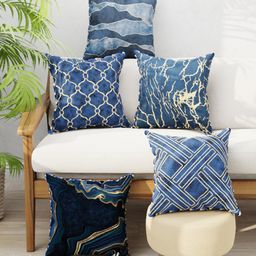 BIANCA Navy Blue & Gold-Toned Set of 5 Floral Reversible Printed Square Cushion Covers-64
