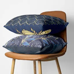 BIANCA Navy Blue & Gold-Toned Set of 2 Floral Square Cushion Covers-51