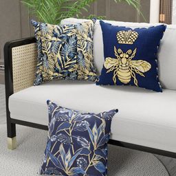 BIANCA Navy Blue & Golden Set of 3 Floral Square Cushion Covers-42