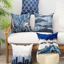 BIANCA Navy Blue & Gold-Toned Set of 5 Floral Square Cushion Covers-68