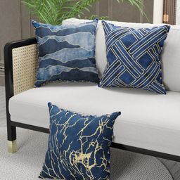 BIANCA Navy Blue & Yellow Set of 3 Floral Square Cushion Covers-23