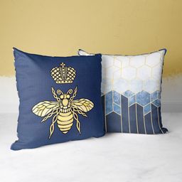 BIANCA Navy Blue & Gold-Toned Set Of 2 Geometric Printed Square Cushion Covers-8