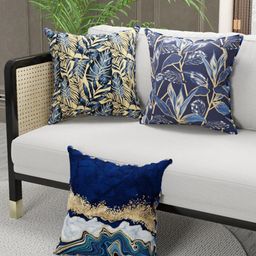 BIANCA Navy Blue & White Set of 3 Floral Square Cushion Covers-22