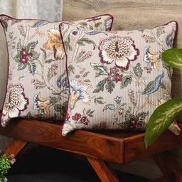 Clasiko Beige & Green Set of 2 Floral Cotton Square Cushion Covers-image-71