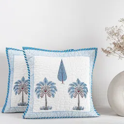 HOMEMONDE Hand Block Blue & White Set of 2 Floral Square Cushion Covers-16