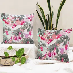 STITCHNEST Green & Pink Set of 2 Floral Square Cushion Covers-6