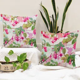 STITCHNEST Green & Pink Set of 2 Floral Square Cushion Covers-5