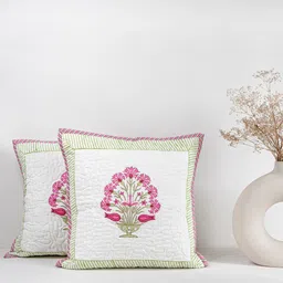 HOMEMONDE Hand Block White & Pink Set of 2 Floral Square Cushion Covers-picture-15
