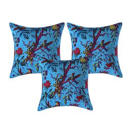 INDHOME LIFE Blue & Red Set of 3 Floral Square Cushion Covers-13