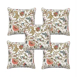 MONKDECOR White & Beige Set of 5 Floral Square Cushion Covers-12