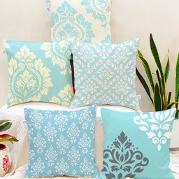 STITCHNEST Blue & Black Set of 5 Floral Square Cushion Covers-28