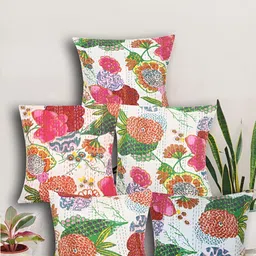 Bohekant White 5 Pieces Floral Printed Embroidered Square Pure Cotton Cushion Cover-image-36