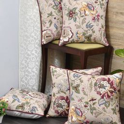 Clasiko Beige & White Set of 5 Floral Cotton Square Cushion Covers-30
