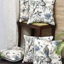 Clasiko Cream-Coloured & Blue Set of 5 Floral Cotton Square Cushion Covers-3