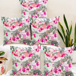 STITCHNEST Green & Pink Set of 5 Floral Square Cushion Covers-13