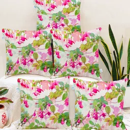 STITCHNEST Green & Pink Set of 5 Floral Square Cushion Covers-19