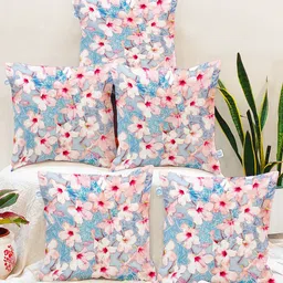 STITCHNEST Pink & White Set of 5 Floral Square Cushion Covers-26