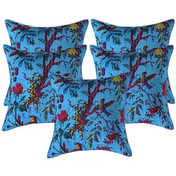 INDHOME LIFE Blue & Red Set of 5 Floral Printed Pure Cotton Square Cushion Covers-12