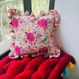 THROWPILLOW White & Pink Floral Printed Ruffled Square Cushion Cover-40