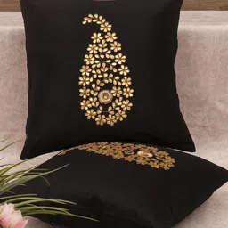 RoyalDeco Black & Gold Toned 2 Pieces Ethnic Motifs Silk Cushion Covers-image-6