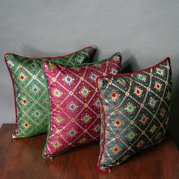 RoyalDeco Green & Burgundy 3 Pieces Square Cushion Covers-18