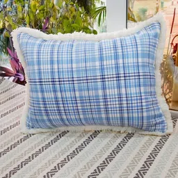 THROWPILLOW Blue & White Checked Leather Rectangle Cushion Covers-17