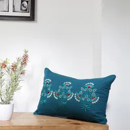 BLANC9 Teal Blue & Red Floral Embroidered Cotton Rectangle Cushion Cover-image-25