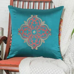ZEBA Teal & Red Floral Embroidered Square Cushion Cover-image-89