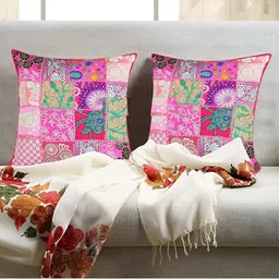 E-Ezra Pink & Red 2 Pieces Embroidered Patch Work Square Cushion Covers-image-16