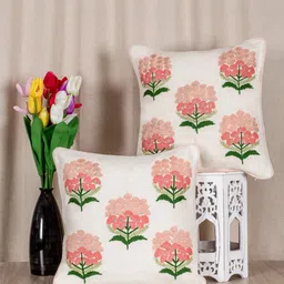 SHADES of LIFE White & Pink Set of 2 Embroidered Cotton Square Cushion Covers-17