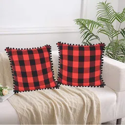 Lushomes Red & Black Set of 2 Checked Cotton Square Cushion Covers-9