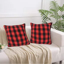 Lushomes Red & Black Set of 2 Checked Square Cushion Covers-10