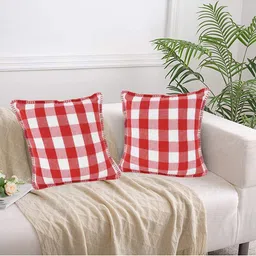 Lushomes Red & White Set of 2 Checked Cotton Square Cushion Covers-3