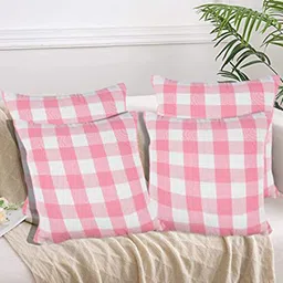 Lushomes Pink & White 4 Pieces Checked Cotton Square Cushion Covers-9