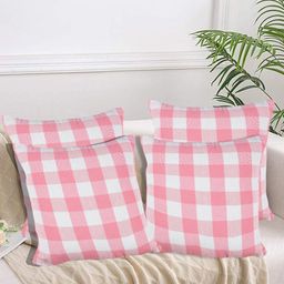Lushomes Pink & White 4 Pieces Checked Cotton Square Cushion Covers-58
