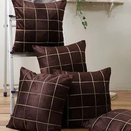Stuff N' Fluff Brown & Gold-Tone 5 Pieces Checked Square Cushion Covers-42