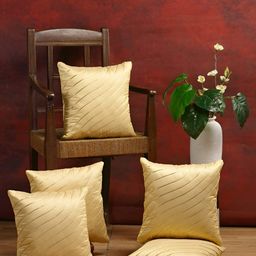 Stuff N' Fluff Beige & Gold toned 5 Pcs Striped Square Cushion Covers-18