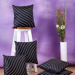 Stuff N' Fluff Black & Gold Toned 5 Pieces Striped Square Cushion Covers-29