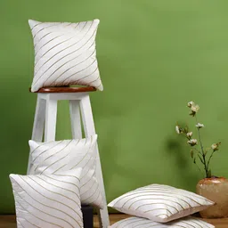 Stuff N' Fluff White & Gold Toned 5 Pieces Striped Square Cushion Covers-35