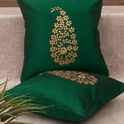 RoyalDeco Green & Gold Toned 2 Pieces Ethnic Motifs Silk Cushion Covers-image-12