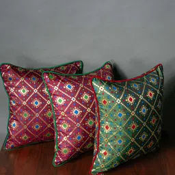 RoyalDeco Burgundy & Green 3 Pieces Ethnic Print Brocade Cushion Covers-image-85