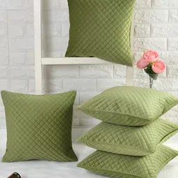 HOMADORN Olive Green 5 Pieces Checked Velvet Square Cushion Covers-58