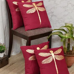 Clasiko Red & Gold-Toned Set of 4 Quirky Velvet Square Cushion Covers-2