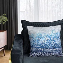 Tasseled Home Blue & White Ethnic Motifs Velvet Square Cushion Cover-image-42