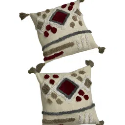 GAB Brown & Cream Coloured 2 Pieces Geometric Embroidered Cotton Square Cushion Covers-4